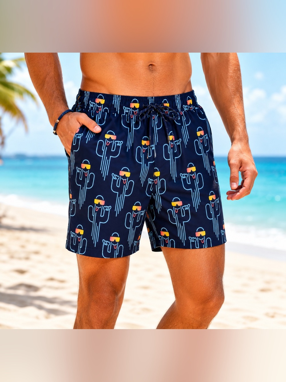 No Boundaries Navy Cactus Print Swim Trunks | MENS LARGE